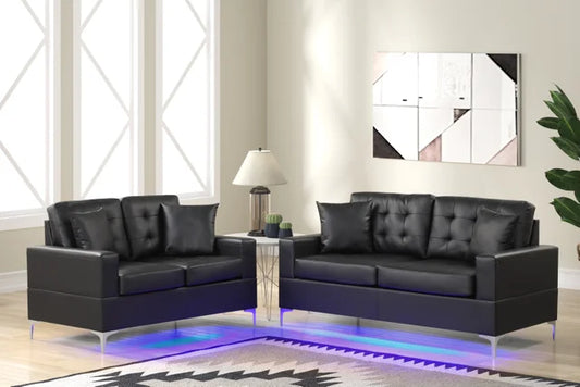 Miami Black PU Leather Sofa & Loveseat Set with LED Lights + USB Ports - Ken Ecommerce Specialist