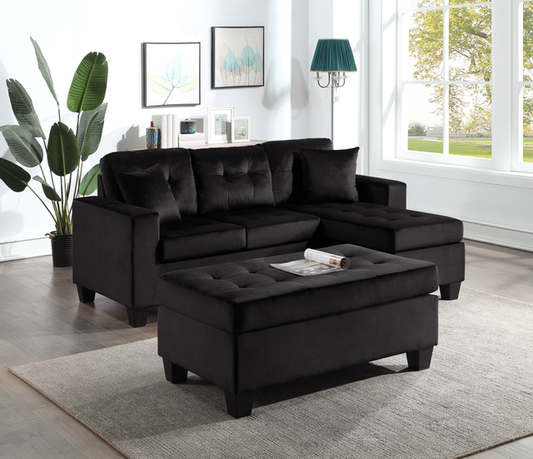 Naomi Black Velvet Sectional Sofa with Reversible Chaise & Ottoman